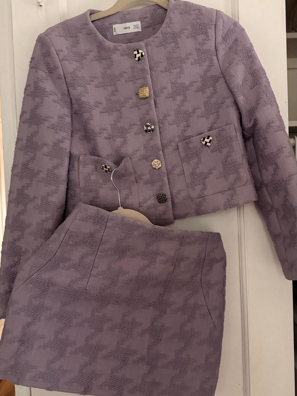 Mango Lilac Textured Cropped Blazer and skirt set with Decorative Buttons